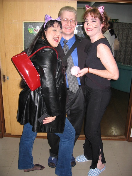 Zoe, me, and Okonomi at Halloween. My costume was "English teacher"